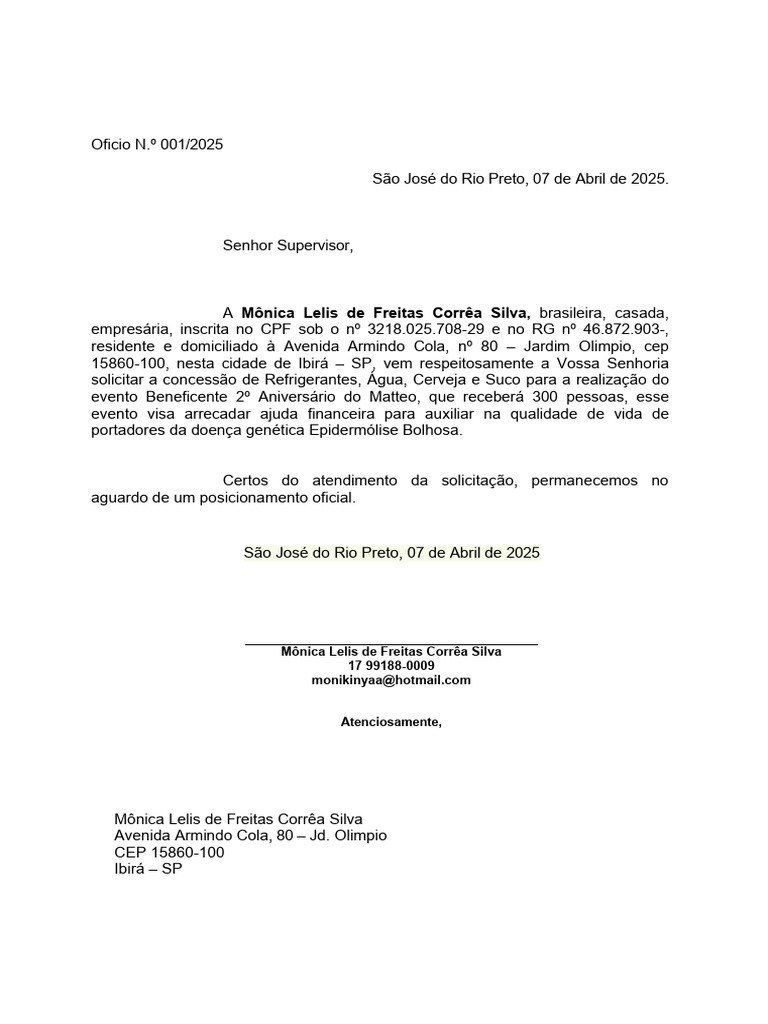 Solicitação de Apoio para Evento Beneficente | PDF