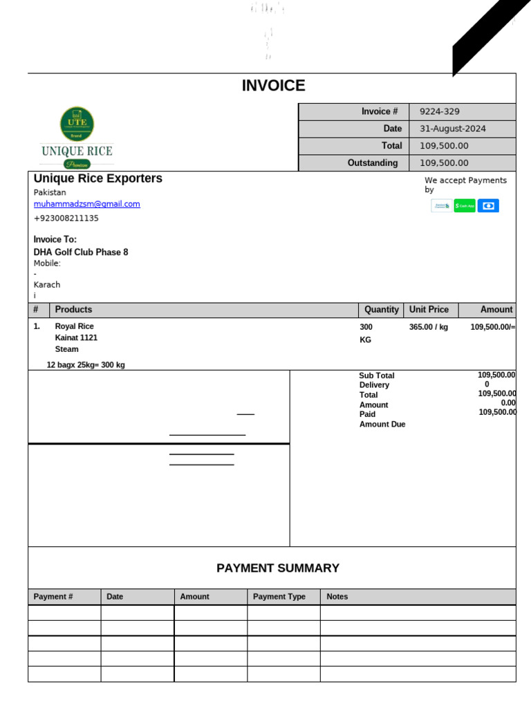Invoice: Unique Rice Exporters | PDF