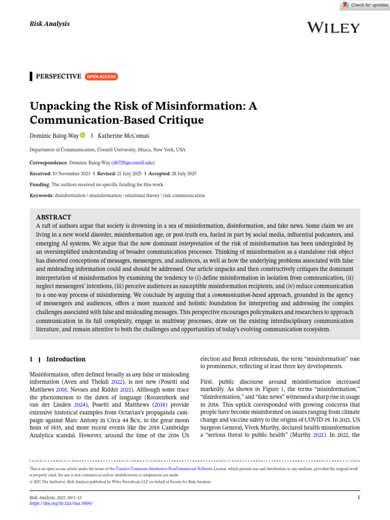 Risk Analysis - 2025 - Balog‐Way - Unpacking the Risk of Misinformation ...