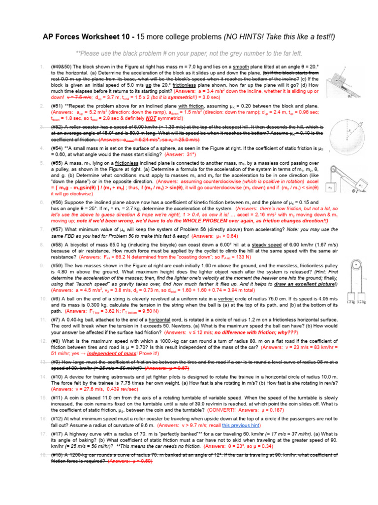 AP Physics Forces Worksheet Problems | PDF | Friction | Mass