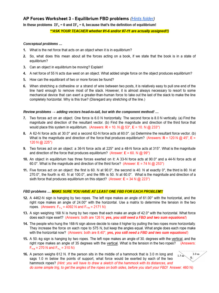 AP Forces Worksheet 3 - Equilibrium FBD Problems | PDF | Force ...