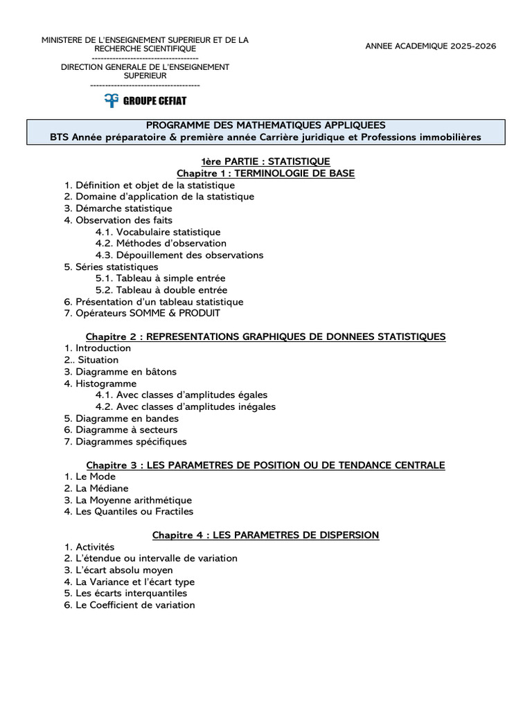 Programme de Mathématiques Appliquées BTS | PDF | Moyenne | Indicateur ...