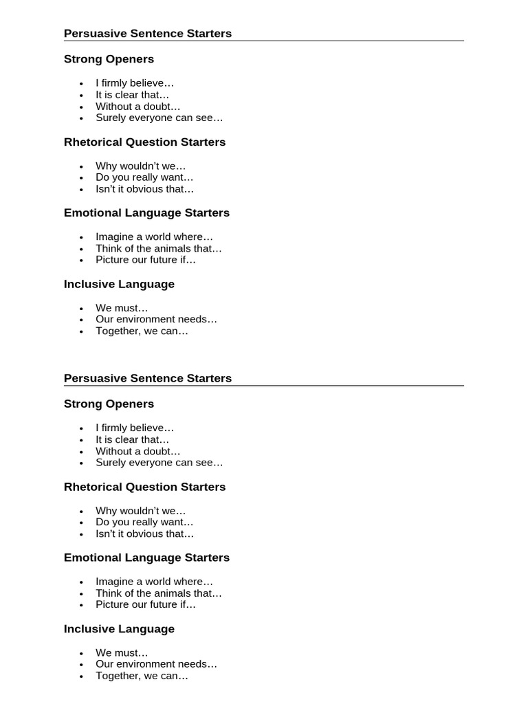 Effective Persuasive Sentence Starters | PDF