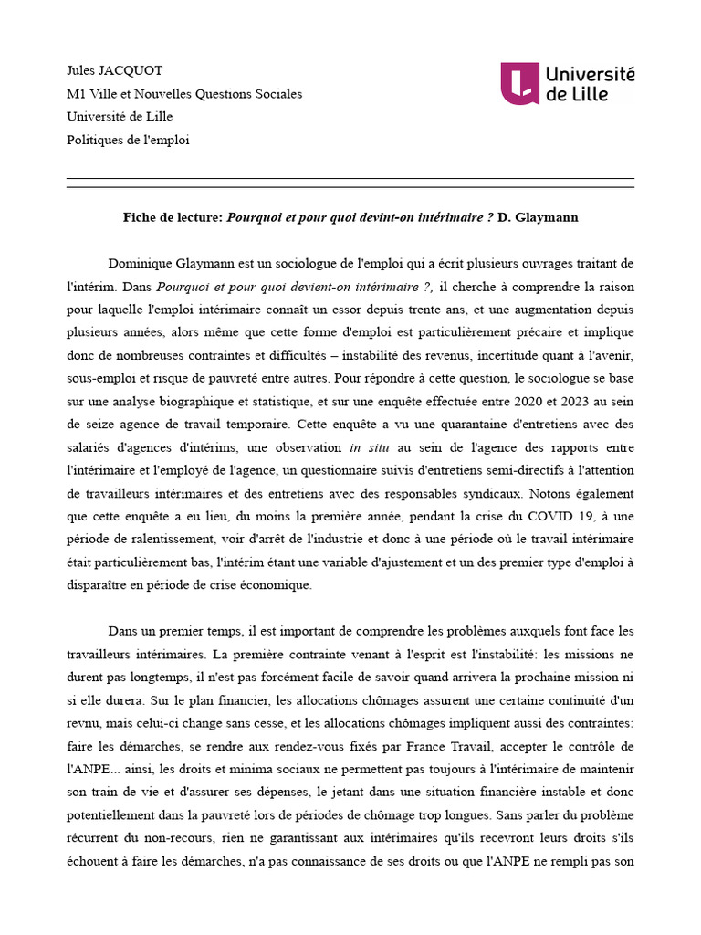 Pourquoi choisir l'intérim ? Analyse sociologique PDF Intérim — free download