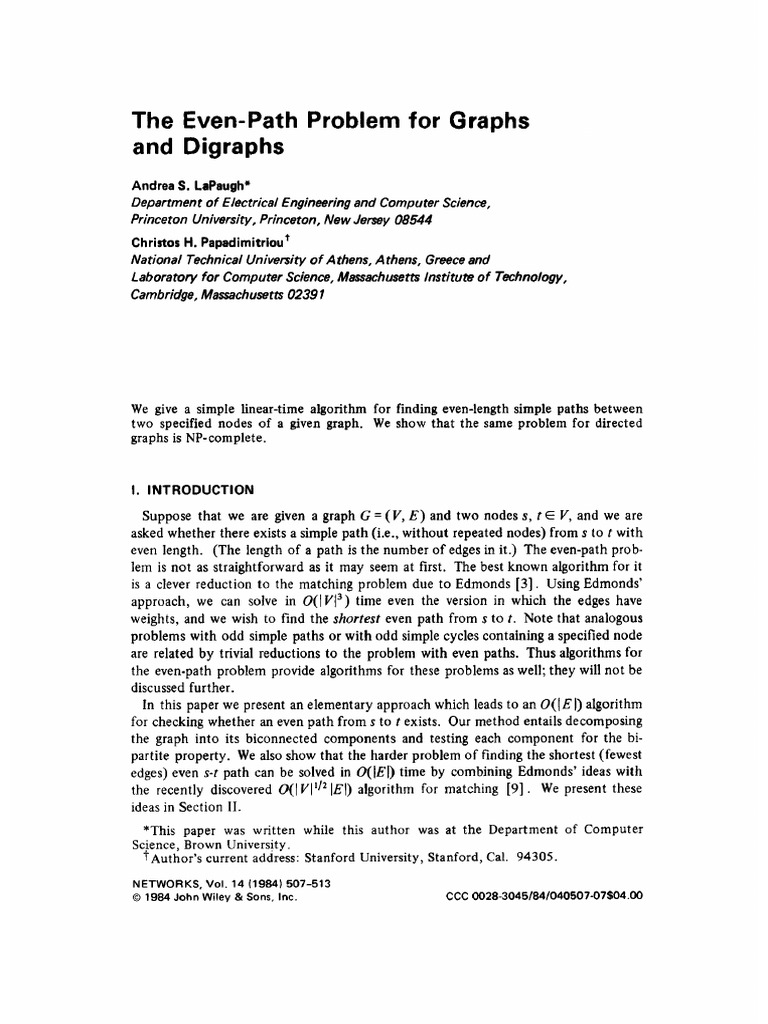 The Even-path Problem for Graphs and Digraphs (Andrea S. Lapaugh ...
