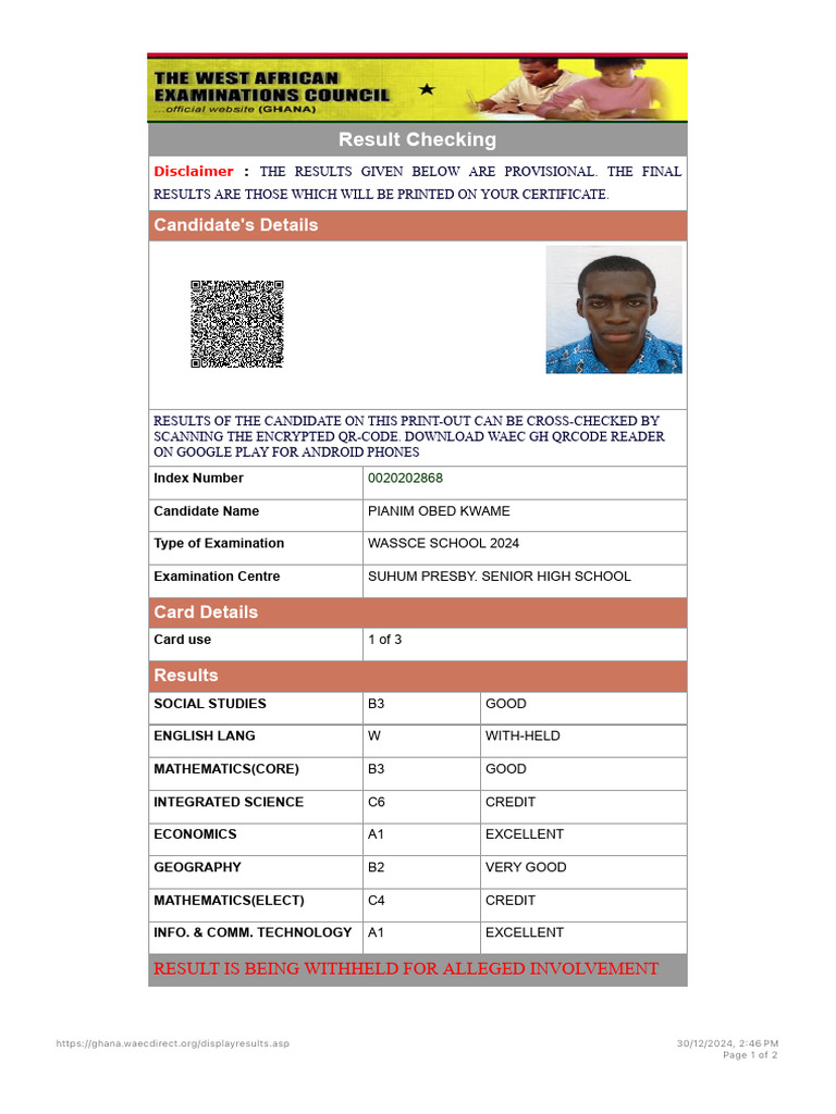 WASSCE 2024 Results for Pianim Obed Kwame | PDF