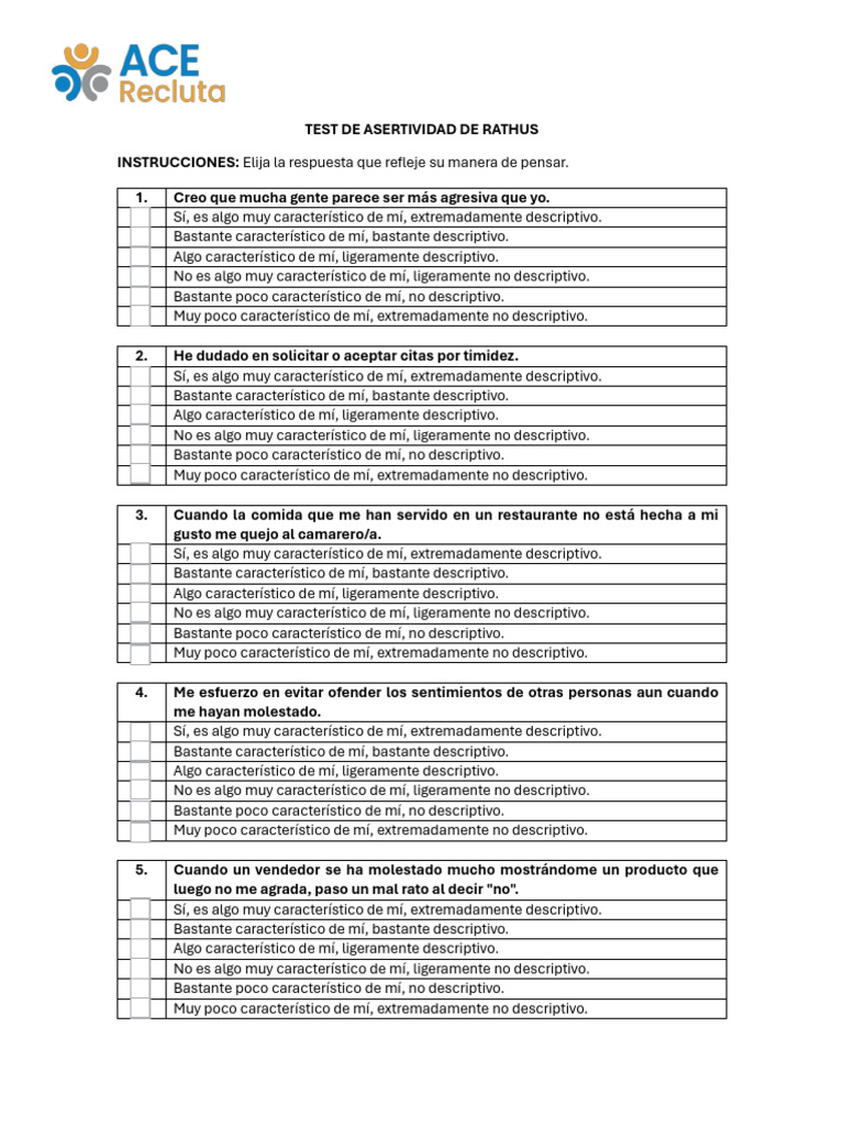 Test de Asertividad de Rathus Editable | PDF