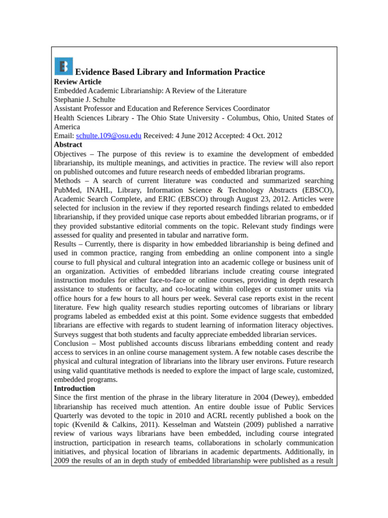 Embedded Librarianship Literature Review | PDF | Librarian | Libraries