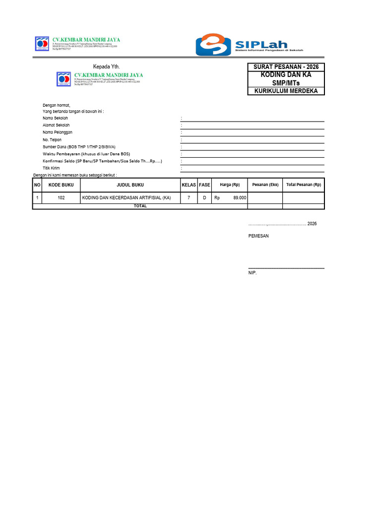 Surat Pesanan Buku Kurikulum Merdeka | PDF