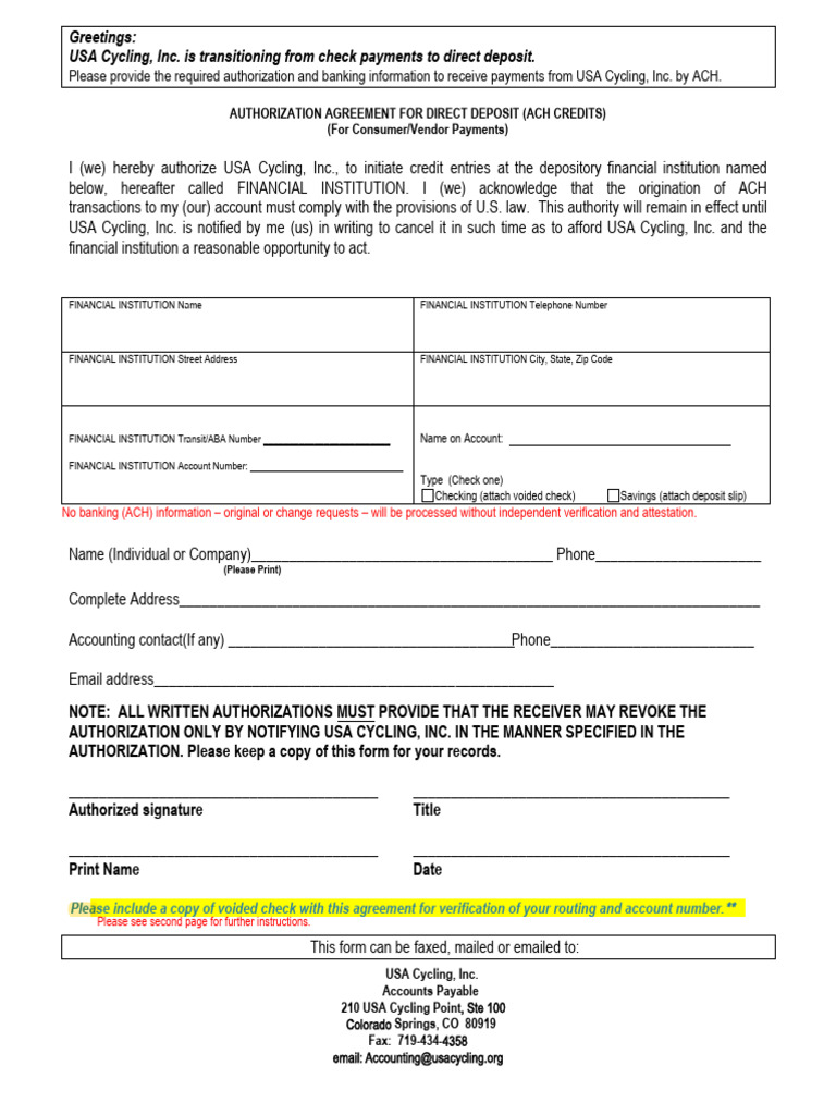 USA Cycling Direct Deposit Authorization Form | PDF | Banks | Financial ...