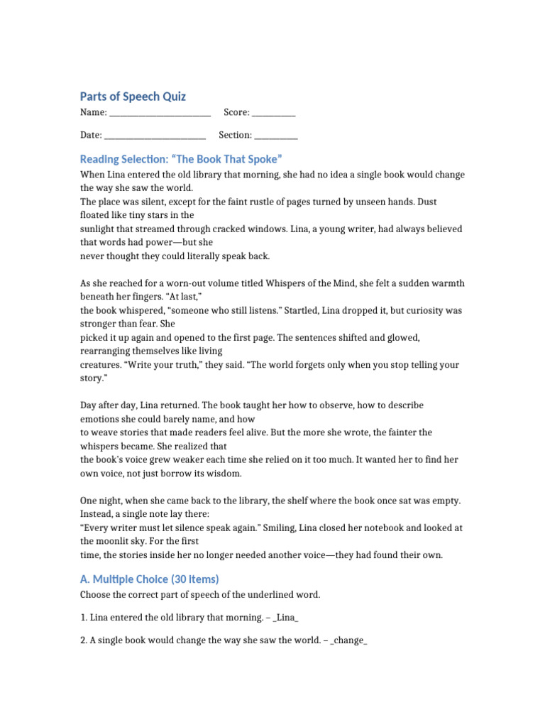 Parts of Speech Quiz for Writers | PDF | Adverb | Adjective