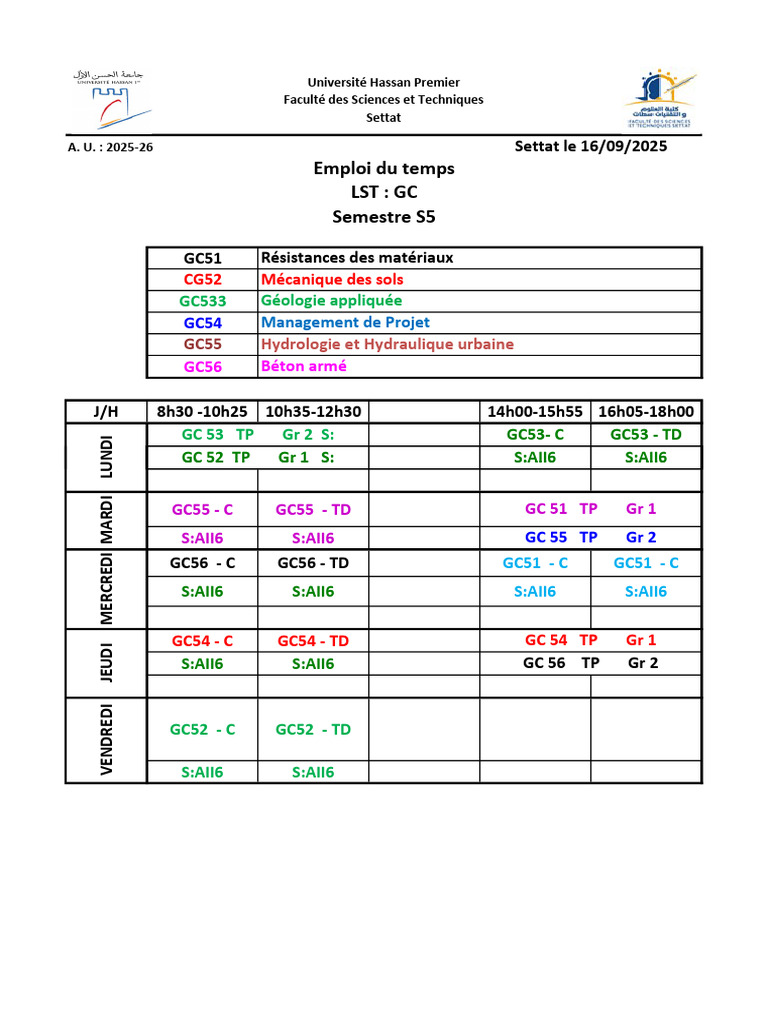 Emploi du temps S5 Université Settat | PDF