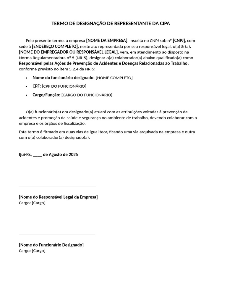 Designação de Representante da CIPA | PDF