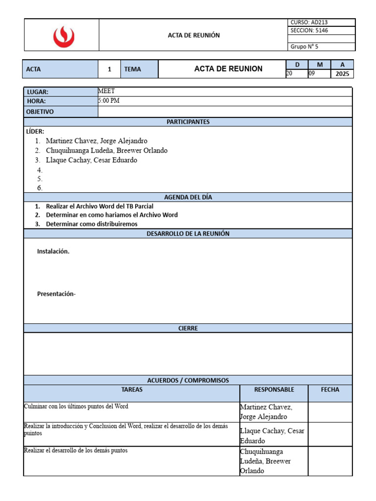 Formato Acta Reunión 1 | PDF