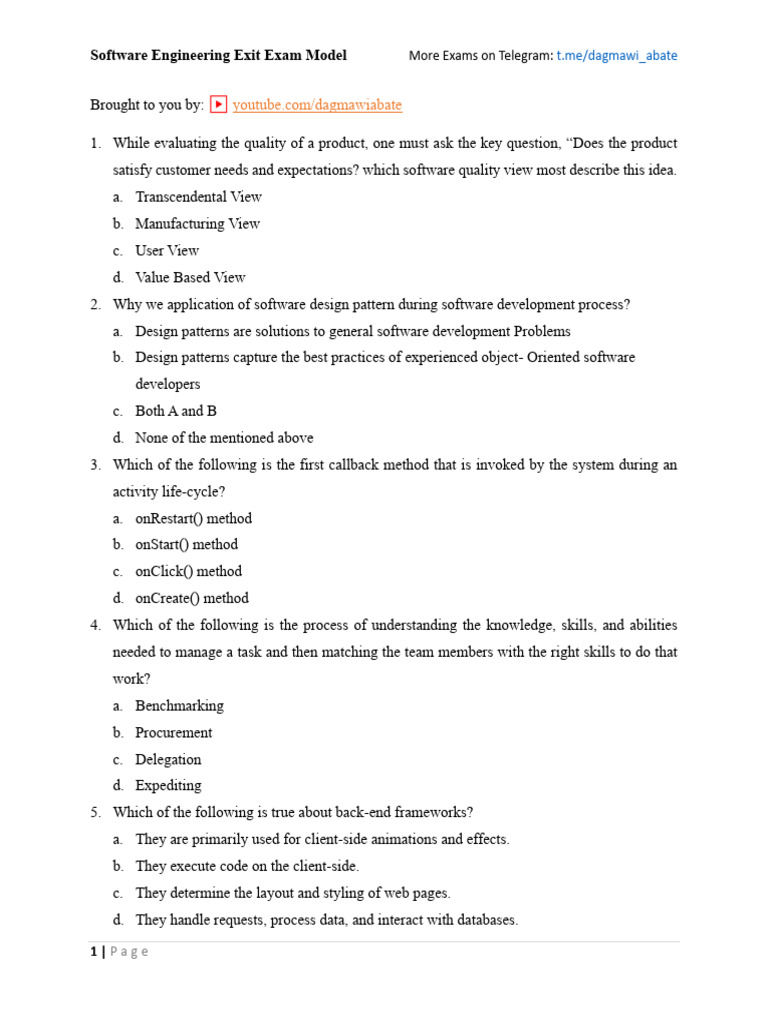 Software Engineering Exit Exam Questions | PDF | Class (Computer ...