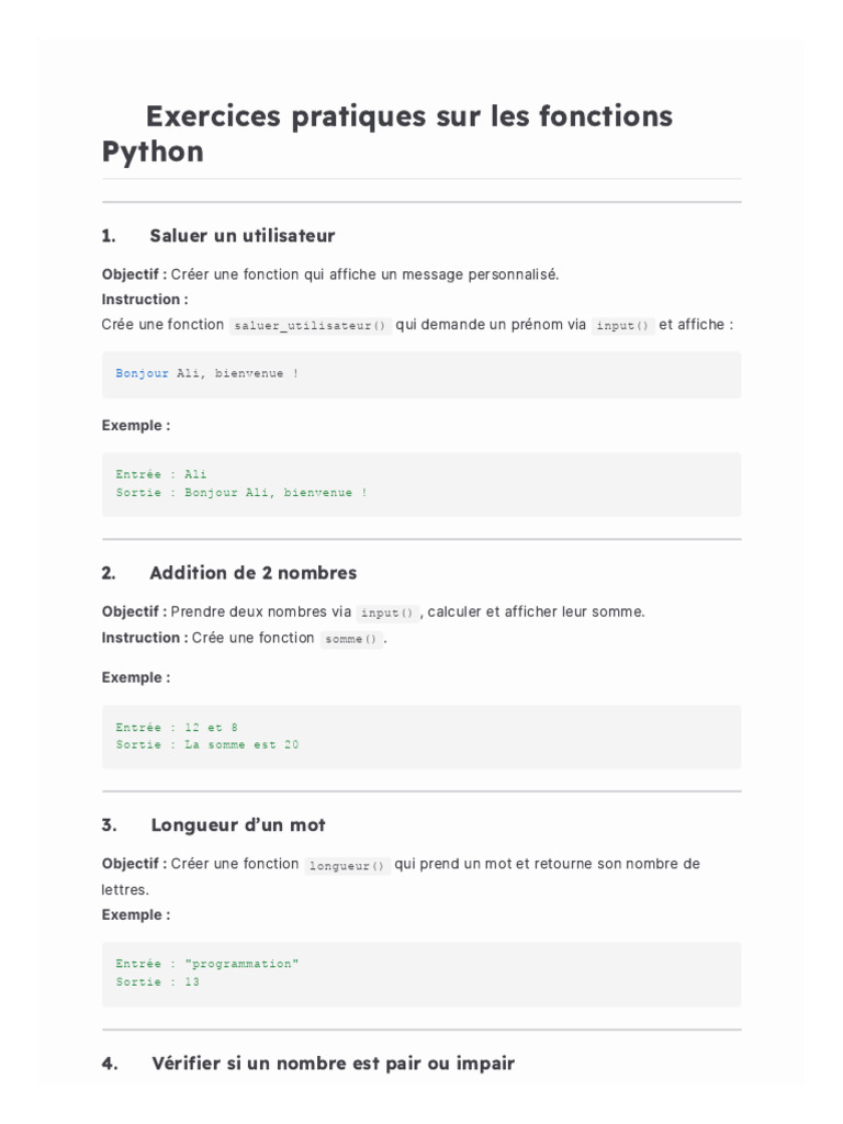 Exercices pratiques de fonctions Python | PDF | Python (Langage de ...