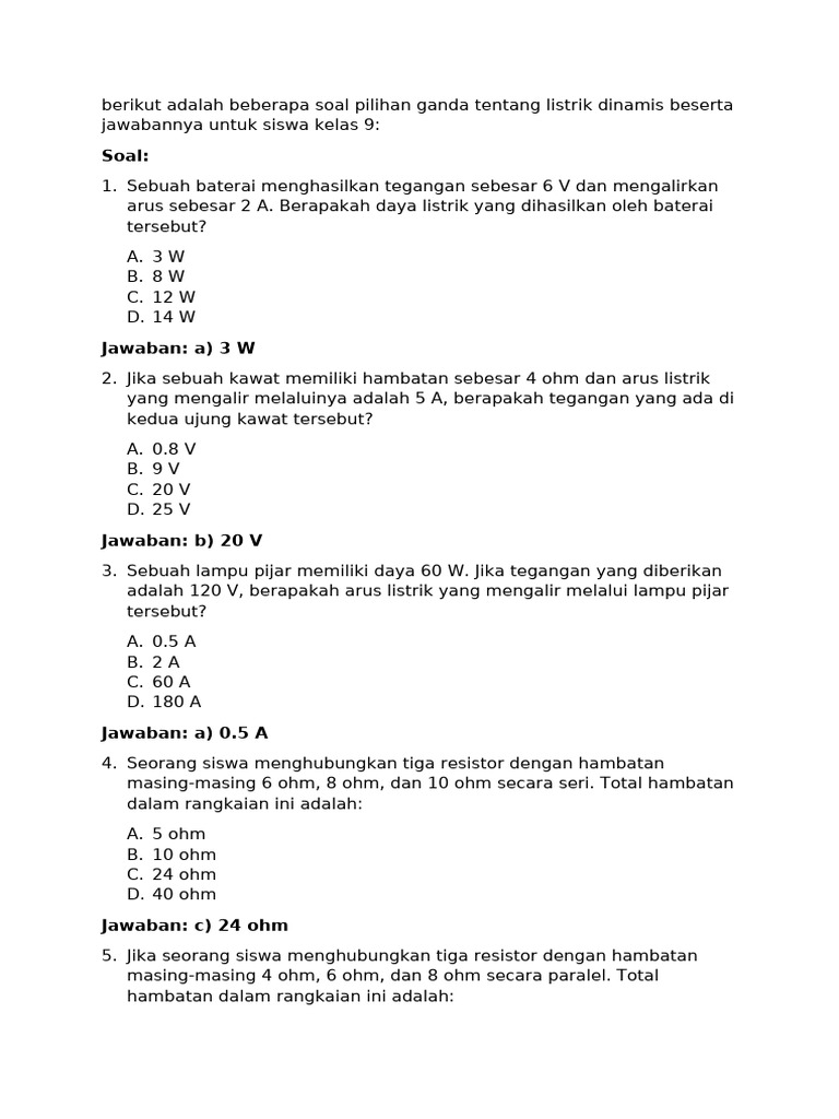 Soal Pilihan Ganda Listrik Dinamis Kelas 9 | PDF