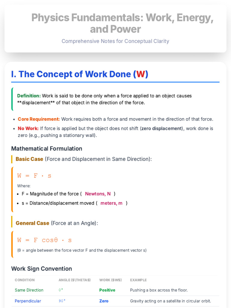 Physics Fundamentals: Work, Energy, and Power: I. The Concept of Work ...