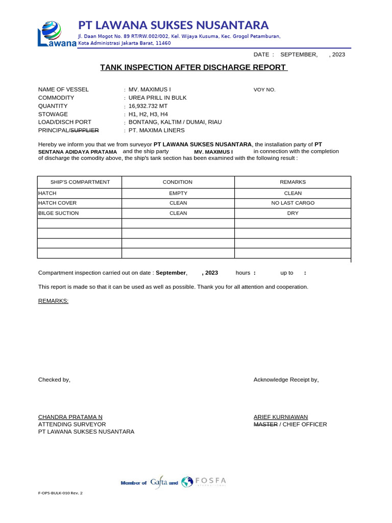 OPS-BULK-010 Tank Inspection After Discharge Report | PDF