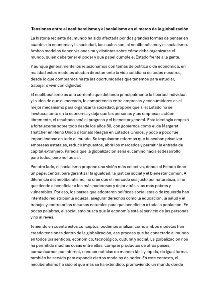 Tensiones Entre El Neoliberalismo y El Socialismo en El Marco de La ...