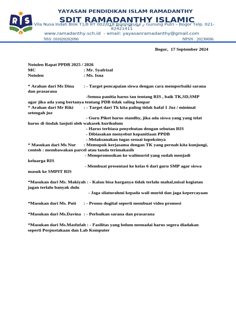 Notulen Rapat PPDB 2025/2026 RIS | PDF