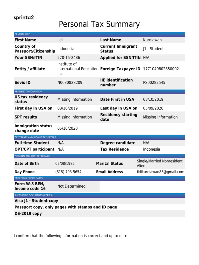 Personal Tax Summary for J1 Student | PDF