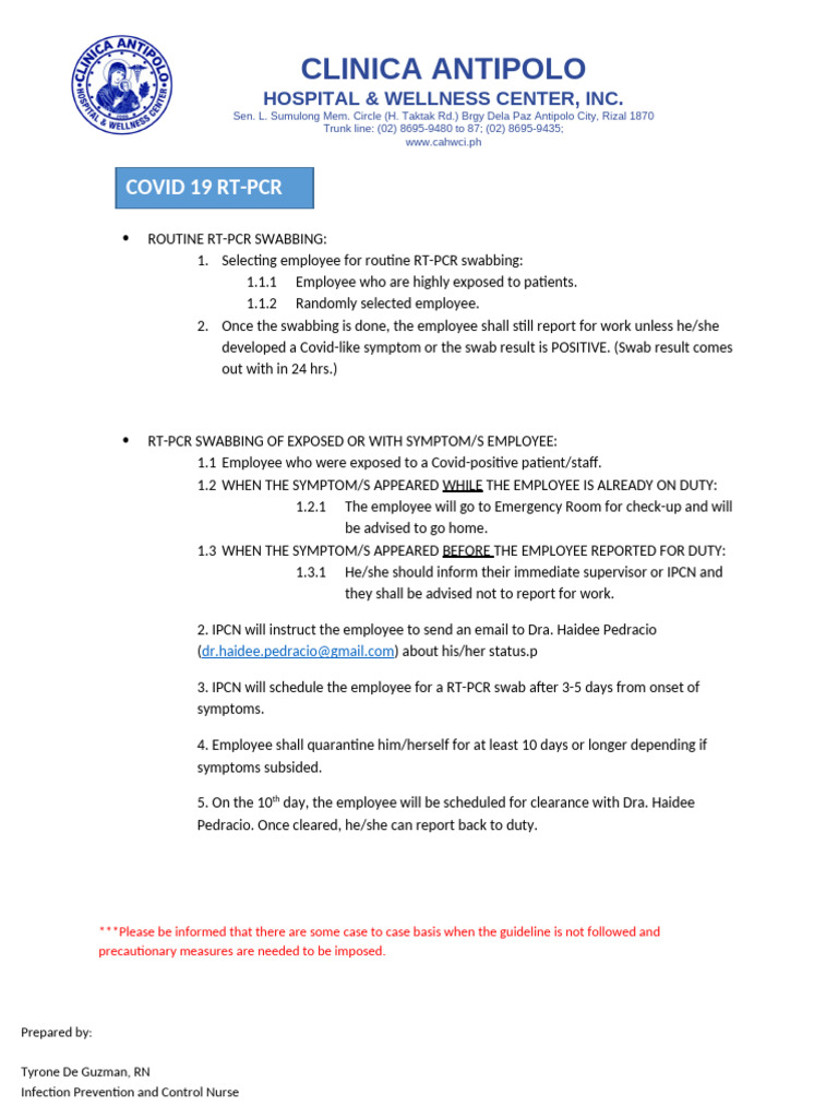 Covid 19 RT-PCR and Quarantine Guidelines For Employees | PDF ...