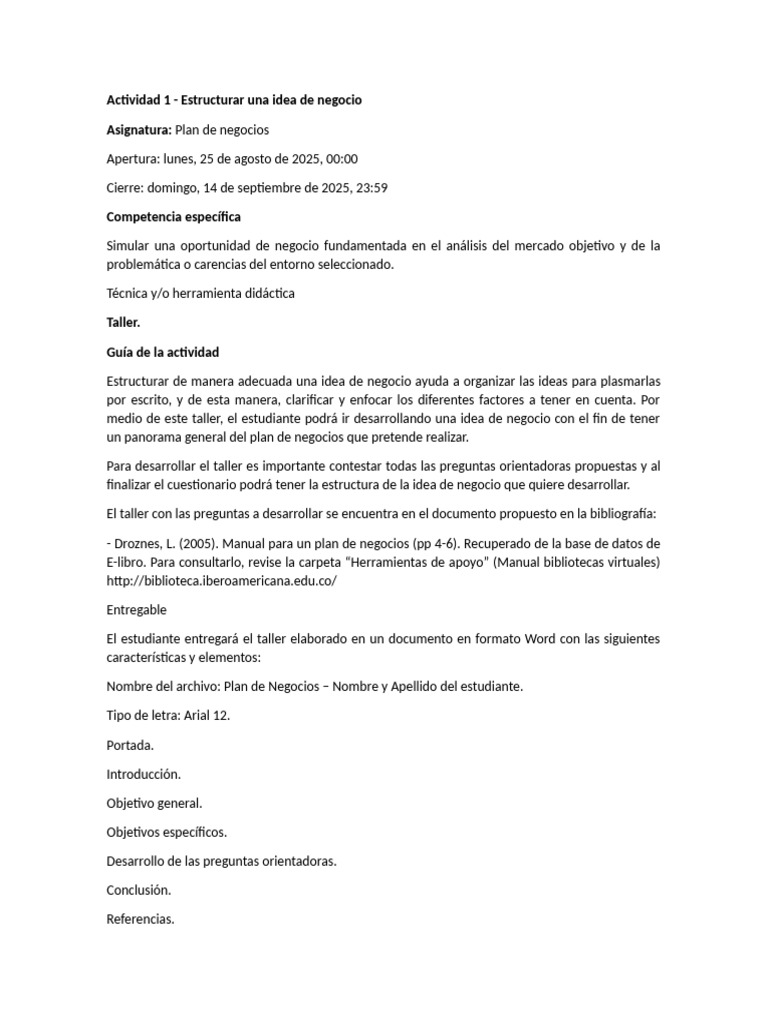 Actividad 1 - Estructurar Una Idea de Negocio (Plan de Negocios) | PDF