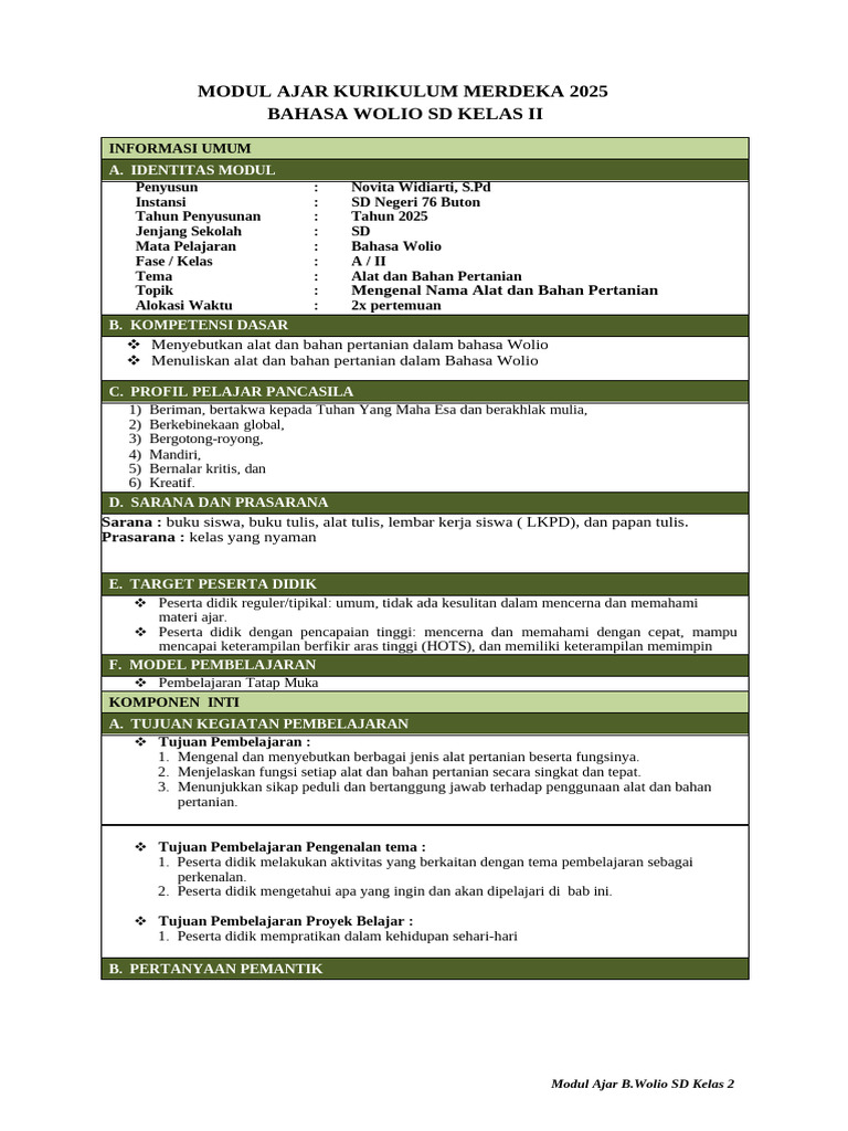 Modul Ajar Bahasa Wolio Kelas 2 SD | PDF
