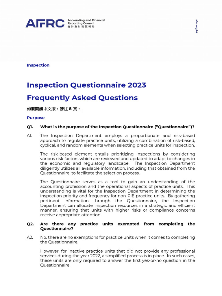 Inspection Questionnaire - FAQ | PDF | Regulatory Compliance | Insurance