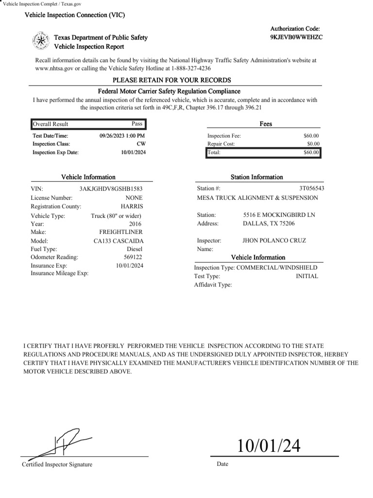Texas Vehicle Inspection Report 2023 | PDF | National Highway Traffic ...