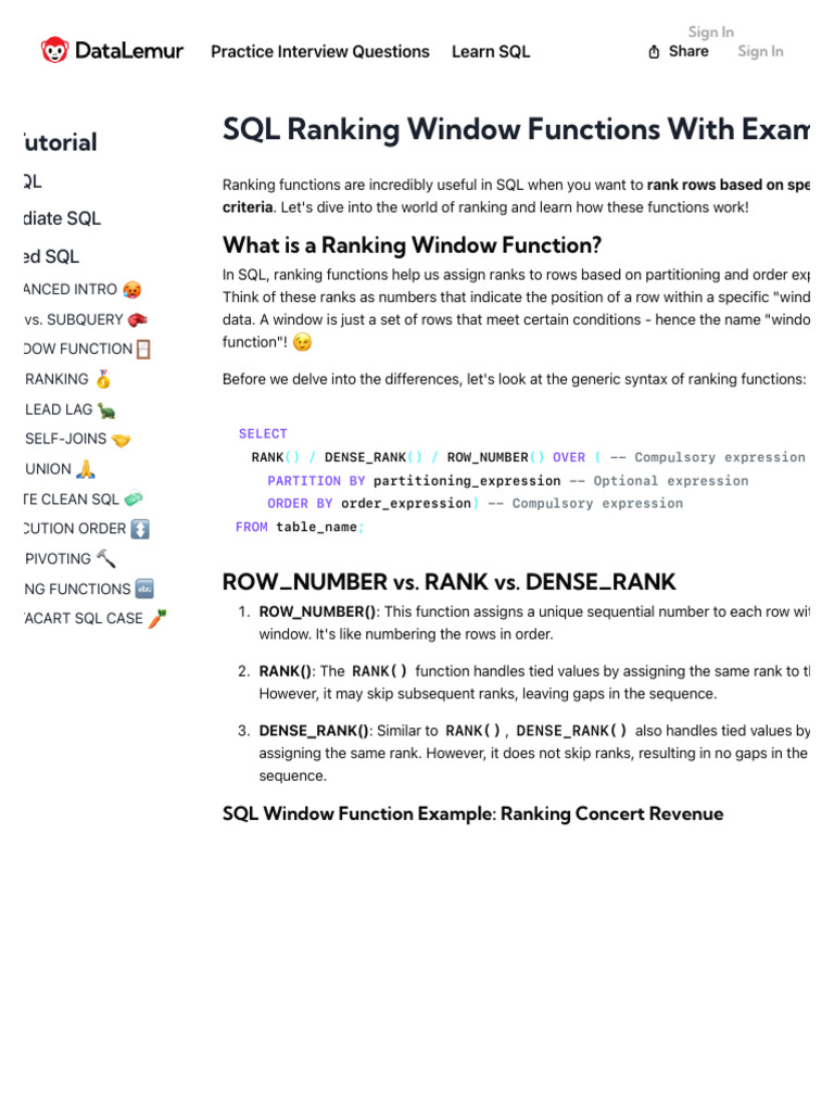 SQL Window Functions: Ranking Explained | PDF | Sql | Data Management