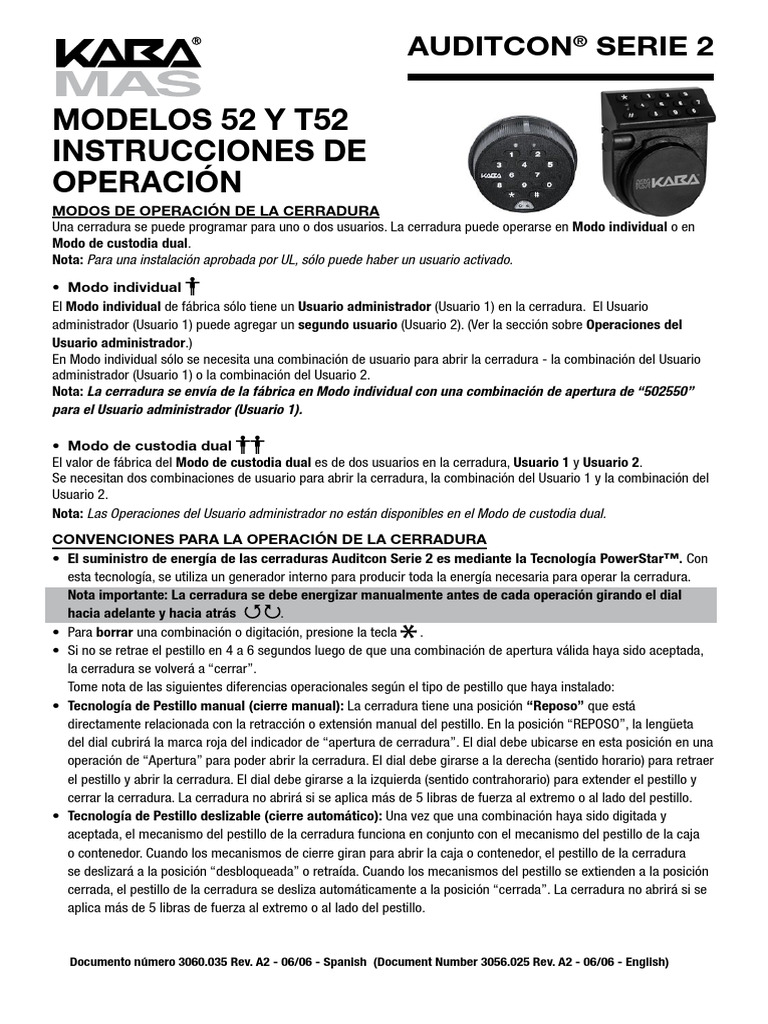 Modos de Operación de Cerraduras Auditcon | PDF