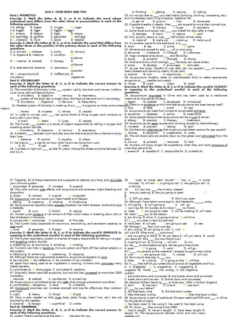 Phonetics and Vocabulary Exercises on Body Systems | PDF | Acupuncture ...