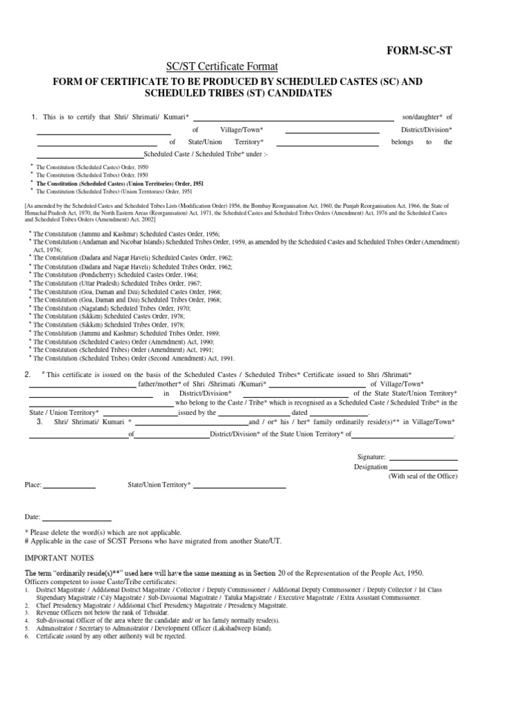 SC/ST Certificate Format Guide | PDF | Government Of India | Politics ...