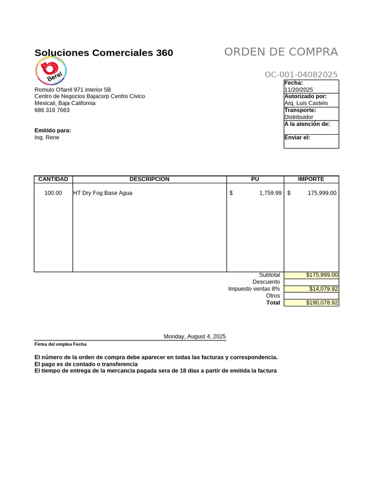 Orden de Compra OC-001 para HT Dry Fog | PDF