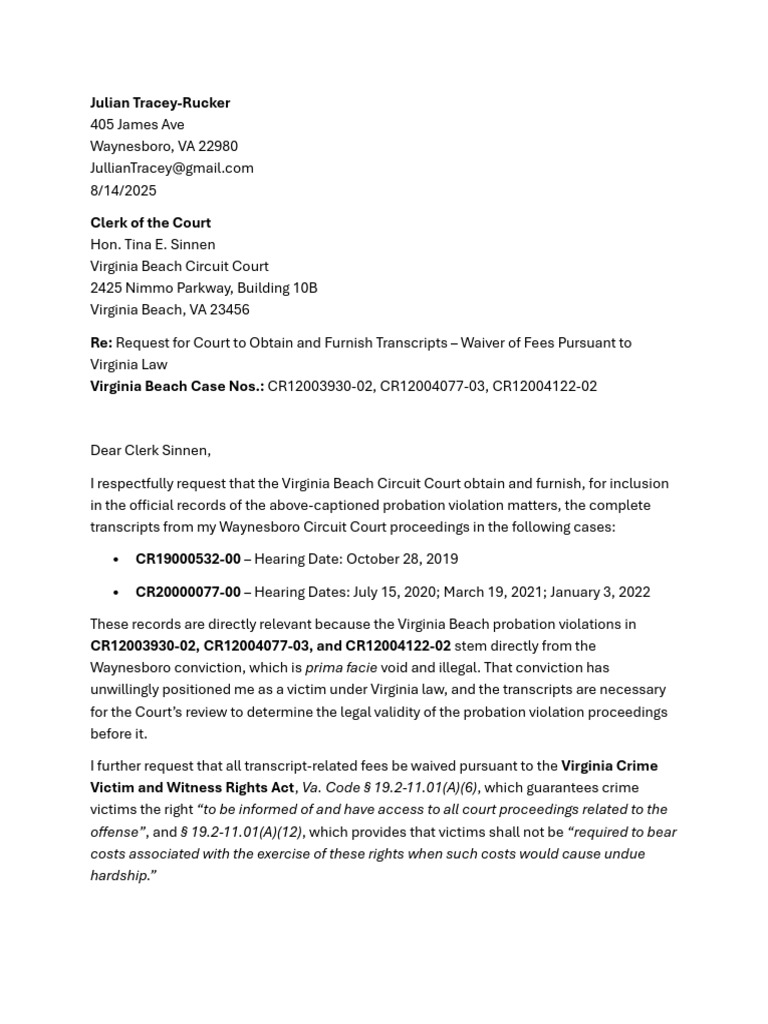 Request for Transcript Fee Waiver in VA Court | PDF | Criminal Justice ...