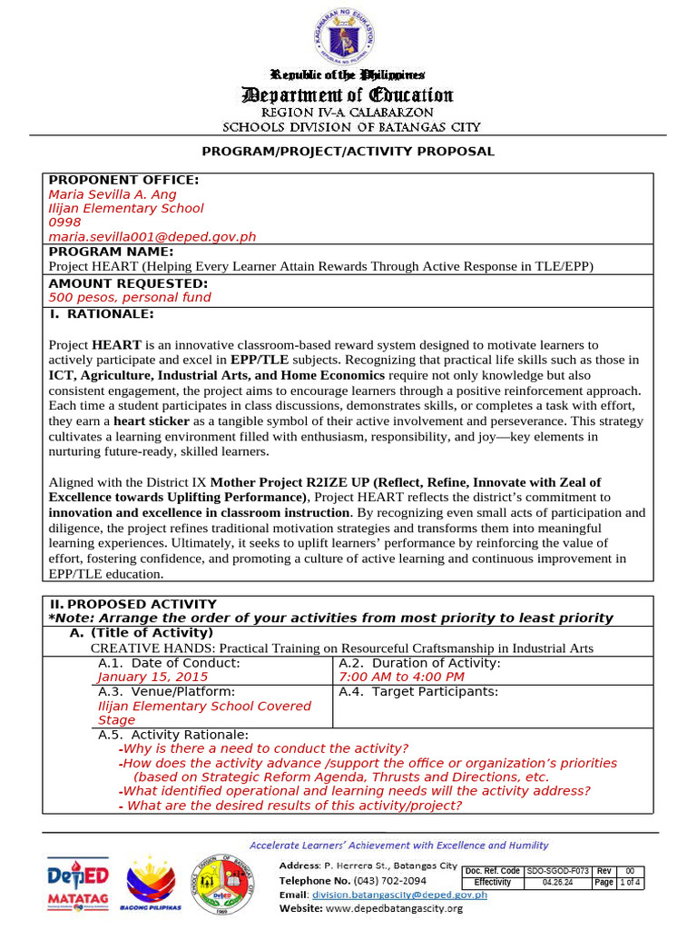 Project HEART Proposal for EPP/TLE Education | PDF | Learning | Cognition