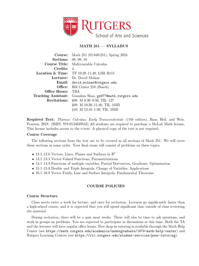 Math 251 Multivariable Calculus Syllabus | PDF | Mathematics | Integral