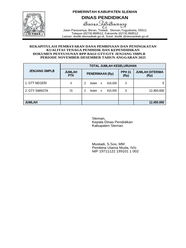 Rekap Pembayaran RPP GTT/GTY SMPLB 2025 | PDF