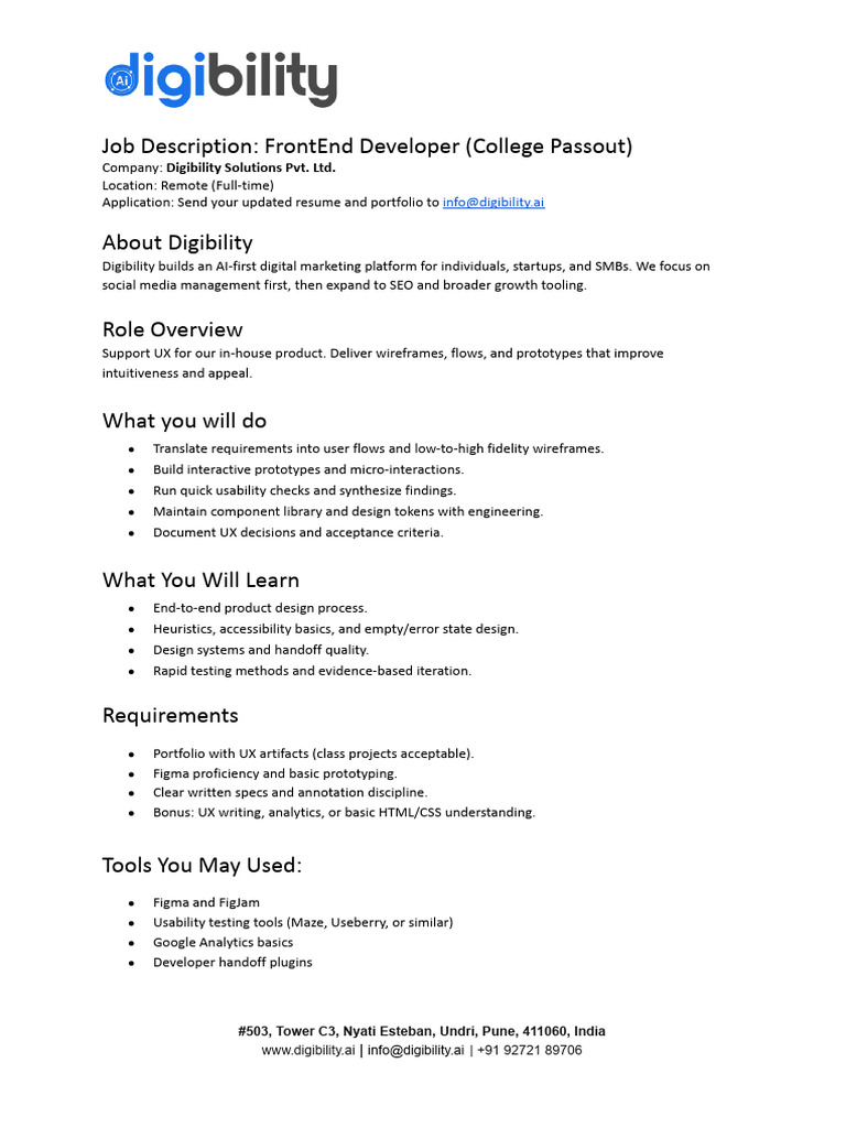 FrontEnd Developer Internship at Digibility | PDF | Usability | Design