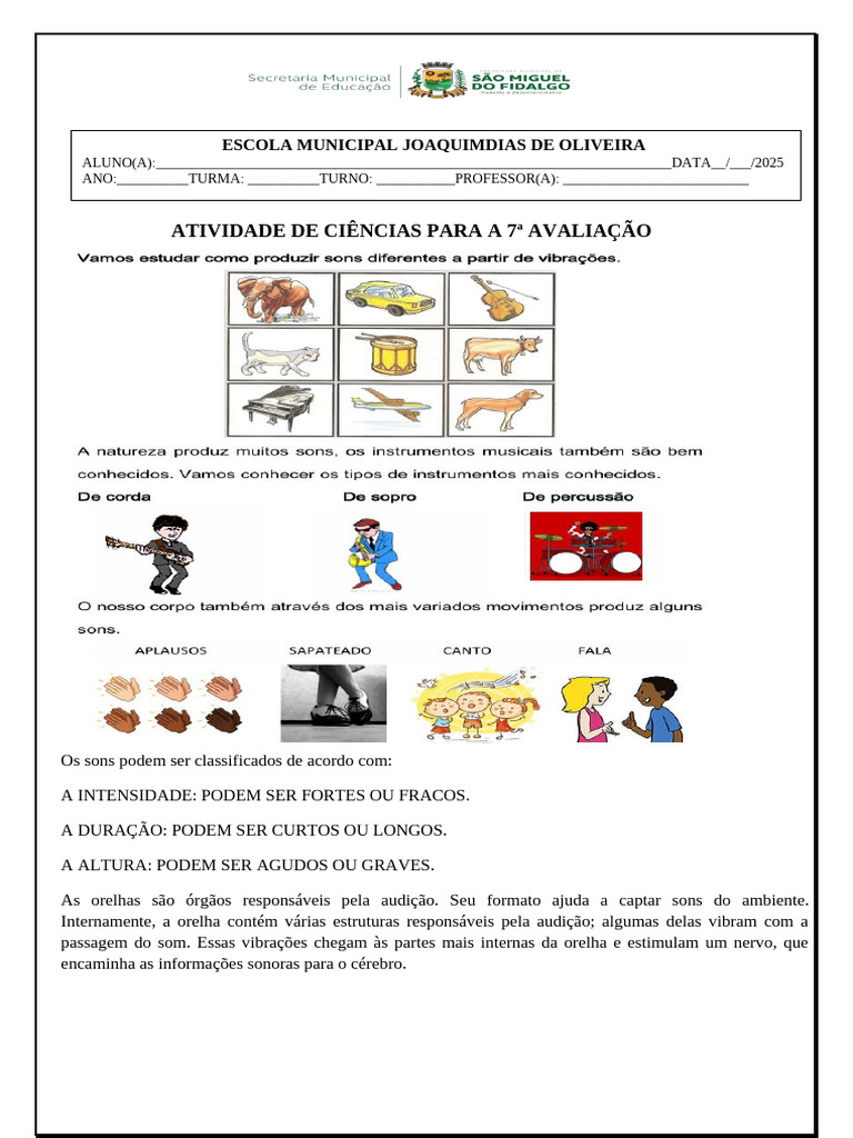 ATIV DE CIÊNCIAS 3 ANO | PDF | Som | Audição