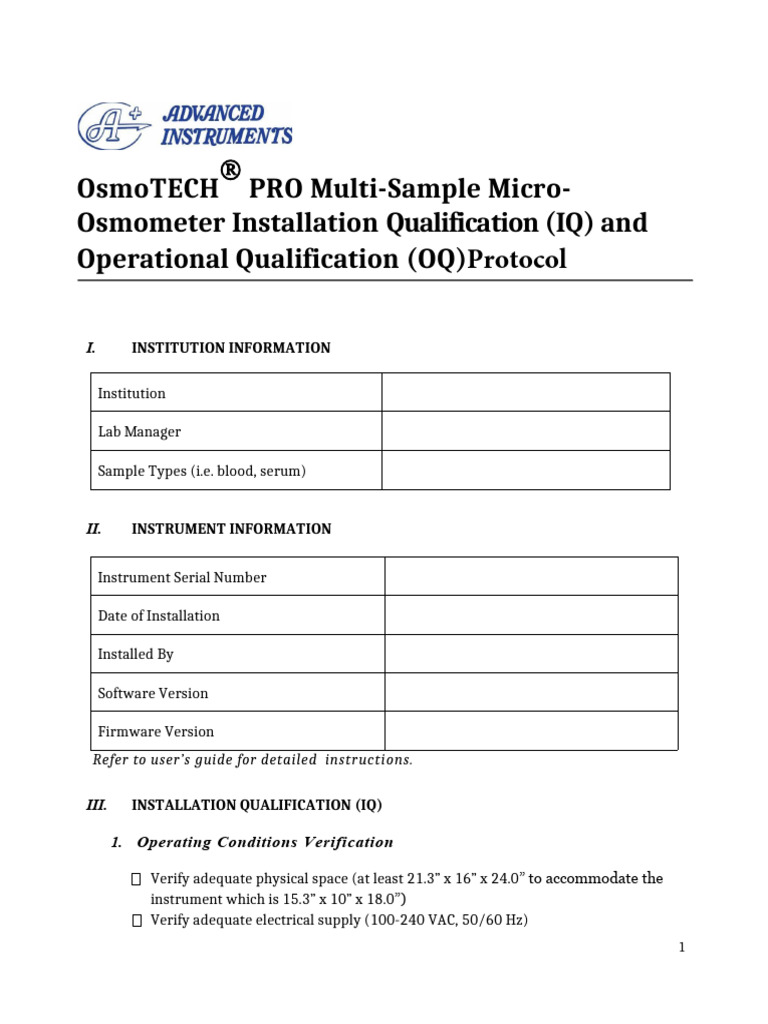 OsmoTECH PRO IQ-OQ Protocol Guide | PDF | Verification And Validation ...