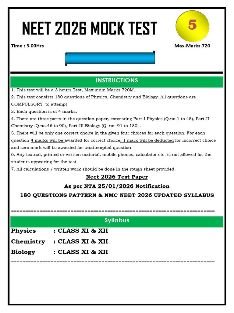 NEET 2026 Mock Test Overview | PDF | Gases | Rna