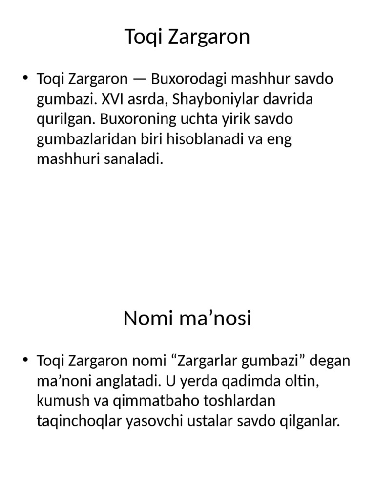 Toqi Zargaron Kengaytirilgan | PDF
