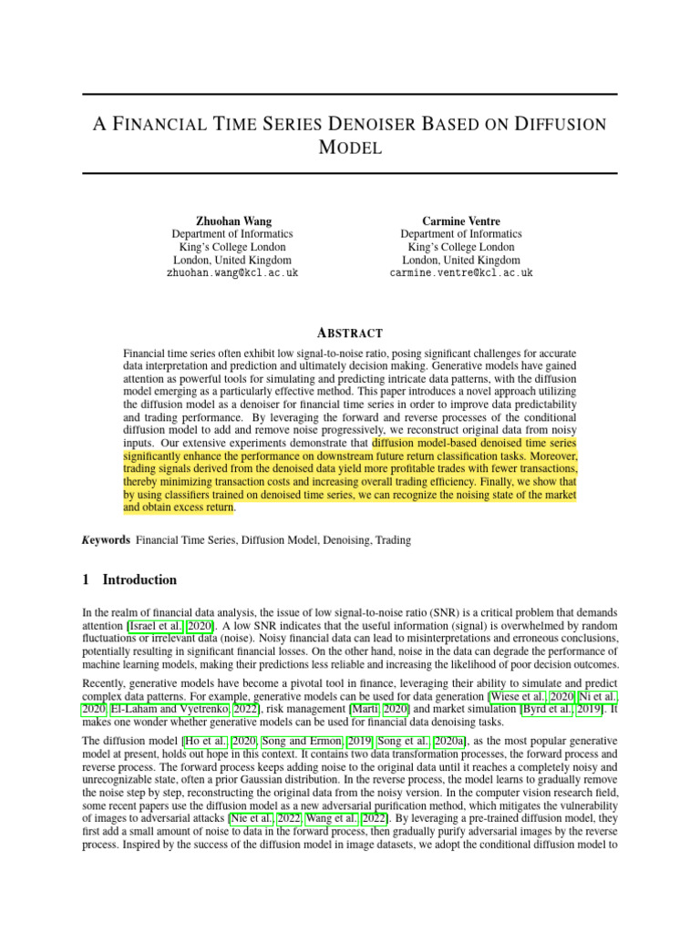 Denoising Financial Time Series with Diffusion Model | PDF | Stochastic ...