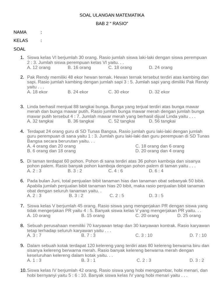 Soal Ulangan Matematika Rasio Kelas VI | PDF