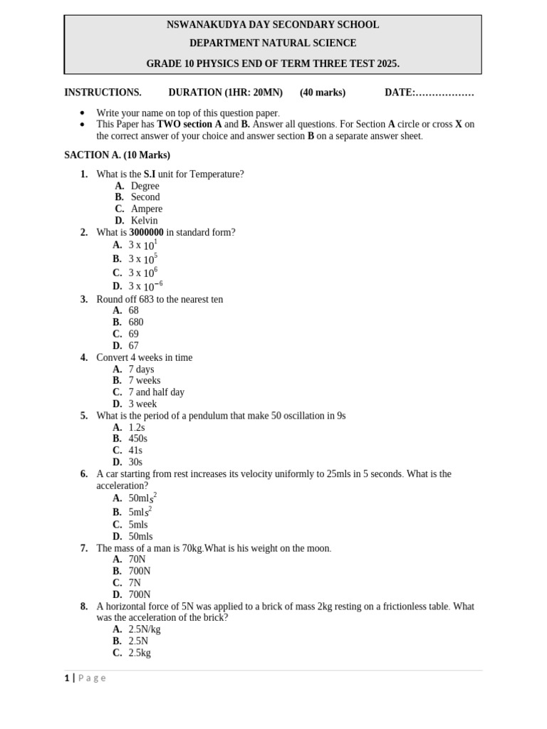 Grade 10 Physics Test Instructions | PDF | Force | Acceleration