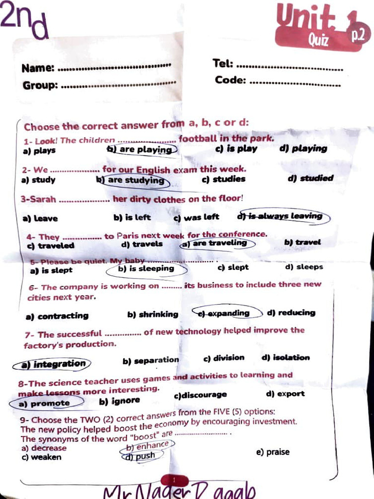 Model Answer Quiz Unit 1 p.2 2 ND Year | PDF