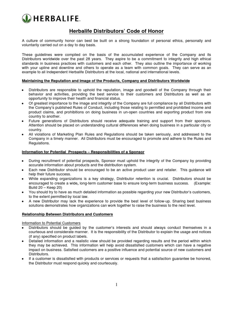 Herbalife Distributor's Code of Honor 120308 PDF Business Ethics